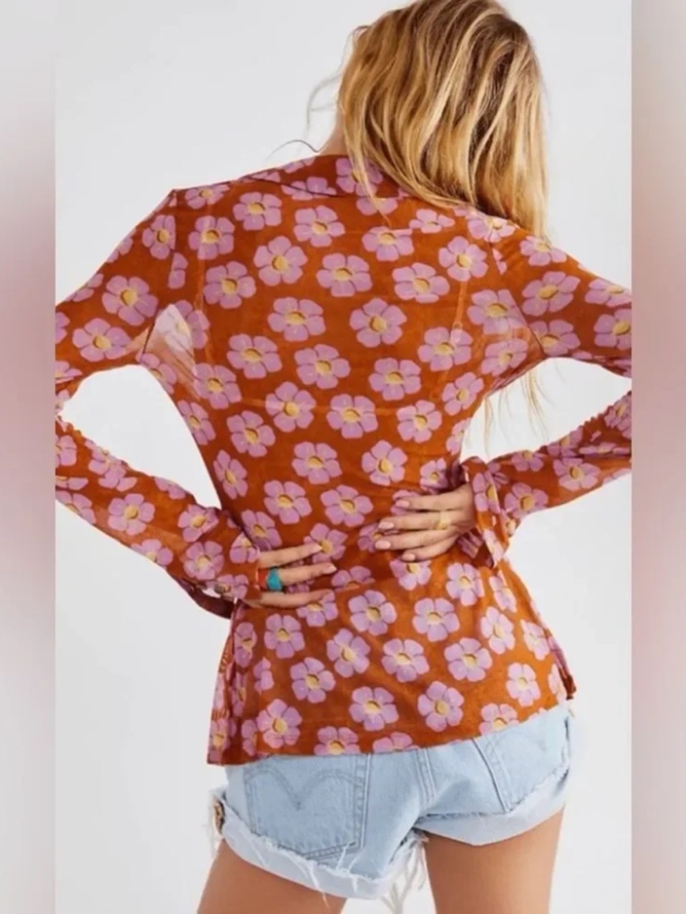 Free‎ People Lucky Shirtee brown and pink poppy floral print size Medium - Picture 5 of 7
